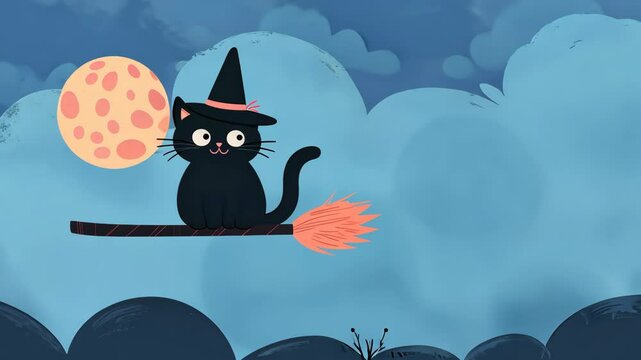 Black Cat on Broom with Witch Hat Flying Under Crescent Moon in Spooky Halloween Night Sky Illustrated with Blue Clouds