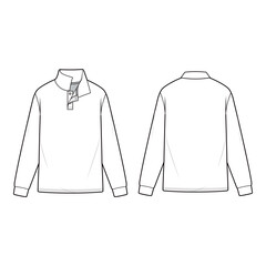 Front and back view technical flat of a long-sleeve high-collar shirt with open button placket and cuffed sleeves, illustrated in a minimalist outline style.
