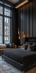 Fototapeta premium Elegant bedroom interior design featuring dark tones and modern furnishings in urban setting
