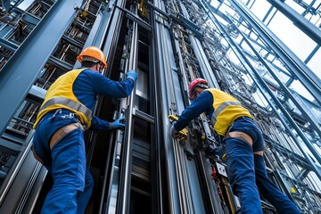 Two construction workers in safety gear inspect a modern elevator shaft, ensuring its operation and safety standards on a skyscraper site.