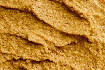 Mustard sauce with grains close-up. Hot spices as a background. Texture of Dijon mustard.