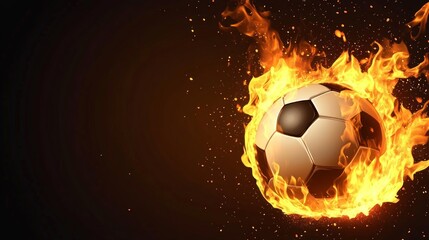 A soccer ball engulfed in flames against a dark background.