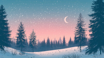 Obraz premium snow-covered pine trees silhouetted against a pastel sky gradient from blue to pink, crescent moon, gentle snowfall, star-like ice crystals falling