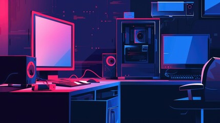 banner, illustration, vintage postcard, Computer Security Day, workplace of a gamer or programmer, modern computer, computer games, abstract blue purple background, copy space, free space for text