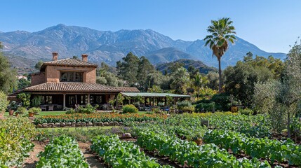 Luxury villa with a beautiful garden in a peaceful mountain valley landscape.