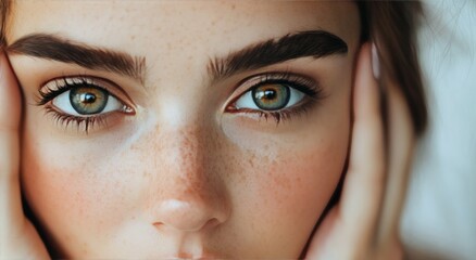Fototapeta premium Close up portrait of a young woman with striking eyes and natural freckles on her face