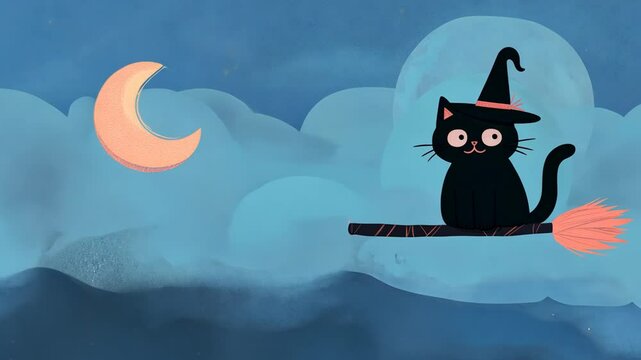 Black Cat on Broom with Witch Hat Flying Under Crescent Moon in Spooky Halloween Night Sky Illustrated with Blue Clouds