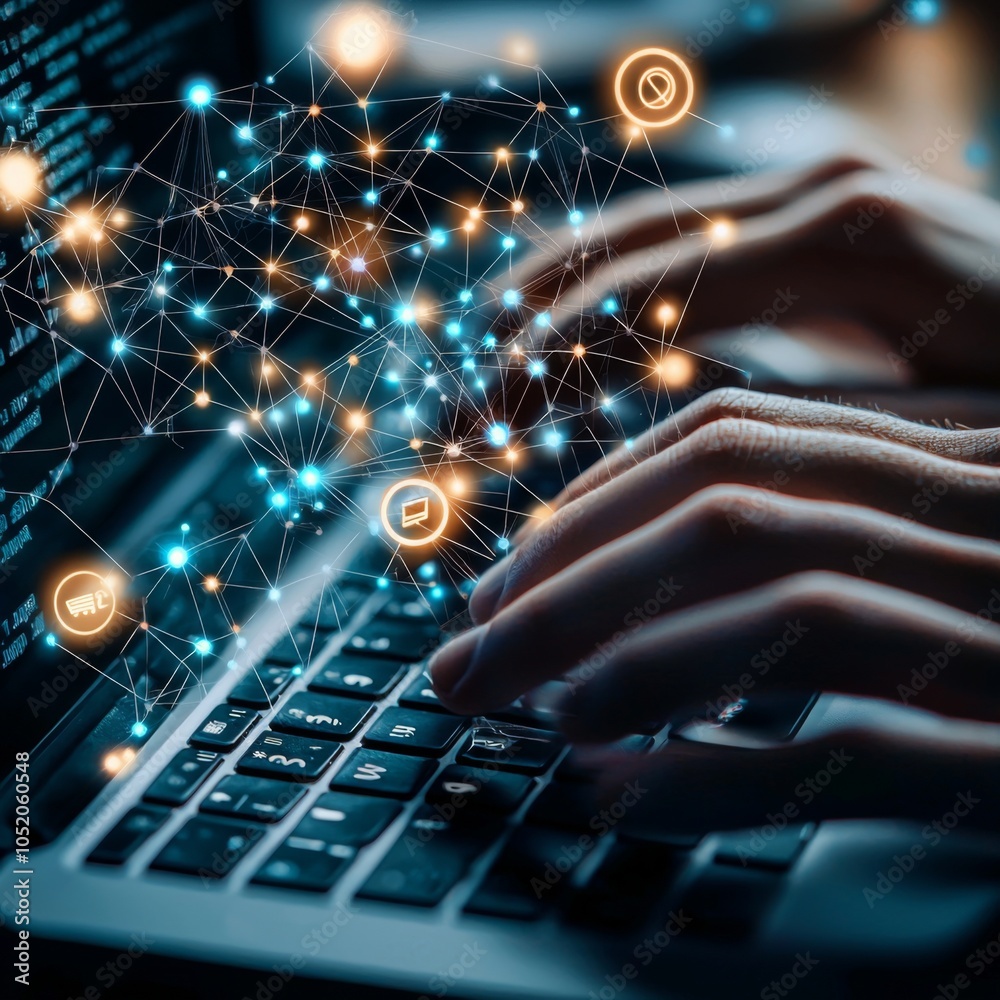 Wall mural diverse hands typing on a keyboard with global network icons above