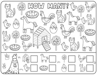 How many black and white activity page for kids with cute farm animals. Count the number of horse, cat, rooster, chick and more. Puzzle game in outline. Vector illustration