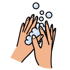 Fototapeta premium Hand drawn washing hands icon in cartoon style. Hygiene chore routine symbol with bubbles and water. Vector illustration