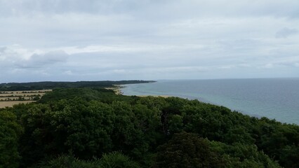 Fototapeta premium Scenic coastal landscape with lush forest and sea.