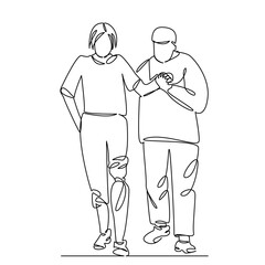 One continuous single drawing line art flat doodle people, assistance, disability, recovery, adult, healthcare and medicine, adults only, physical therapy, white people. Isolated image hand draw conto
