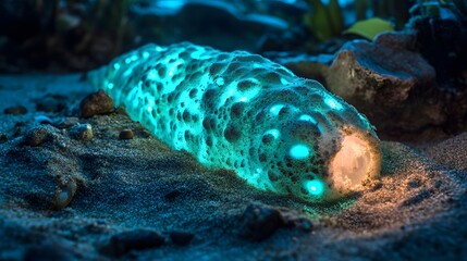 Bioluminescent sea cucumber on ocean floor