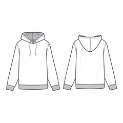 Vector illustration of a hoodie with a relaxed fit, front pocket, hood with drawstrings, and ribbed cuffs and hem, ideal for fashion flats, apparel templates, and tech packs.

