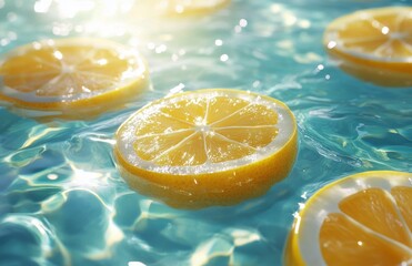 Slices of lemon floating on water in a tranquil pool during a sunny day