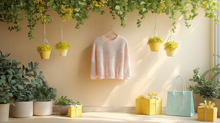 a soft pastel beige background. various shopping bags, A light pink sweater hangs on the wall, surrounded by delicate yellow gift boxes suspended from leafy vines,