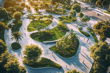 Aerial view of a modern urban park with green spaces and paths. AI generated illustration
