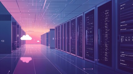 A hightech data center hallway with rows of servers