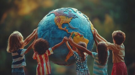 Children of different nationalities holding hands around the globe
