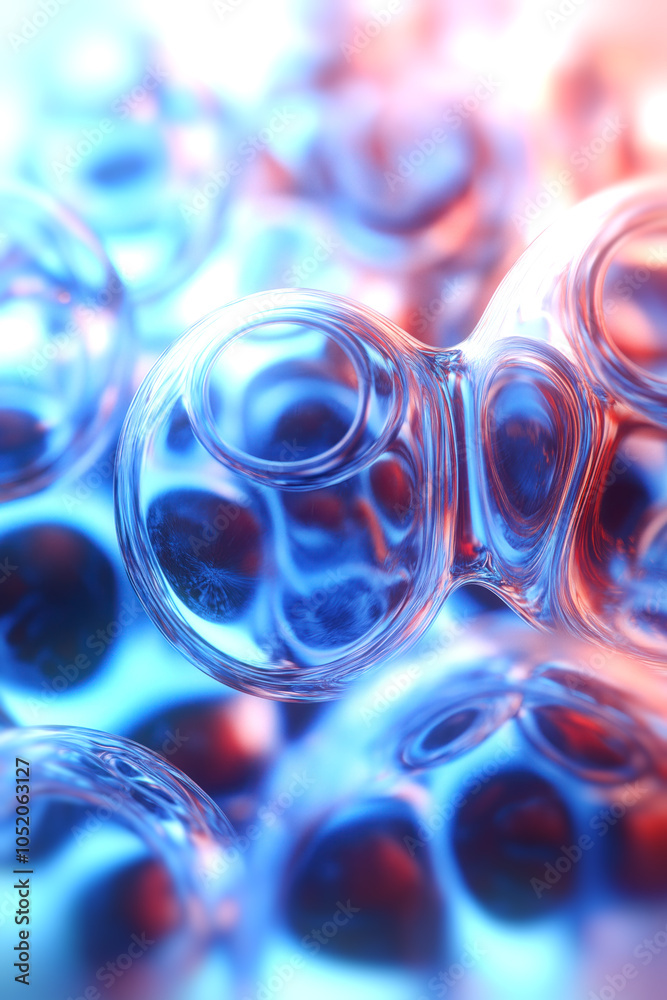 Poster Abstract illustration of spherical transparent glass objects with colorful play of light on the glass surface. The color palette includes cool blues and warm oranges. The depth of field effect creates