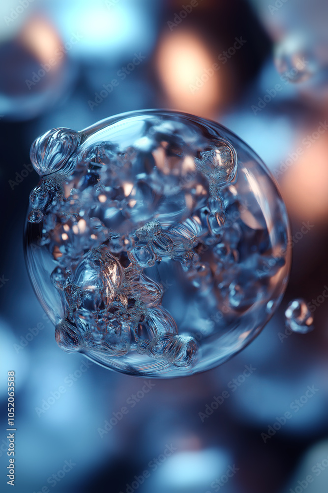 Aufkleber Illustration of a spherical glass object with a play of light and colored refractions, where the blues create a sense of volume through the contrast of sharpness and blur