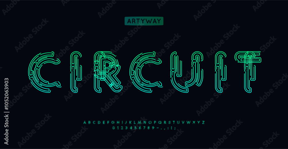 Poster circuit alphabet, intricate schematic letters, futuristic font for cyber security logo, virtual netw