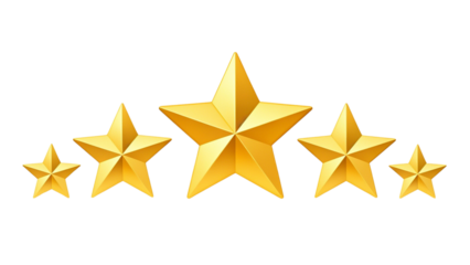 Five star rating review icon, golden 5 stars in a row, isolated on transparent background,......