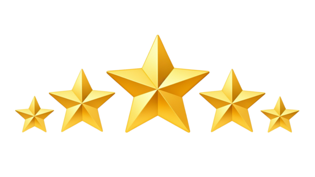 Five star rating review icon, golden 5 stars in a row, isolated on transparent background,......