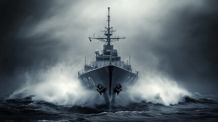 Navy ship sailing on the sea with a gray tone. AI generated illustration