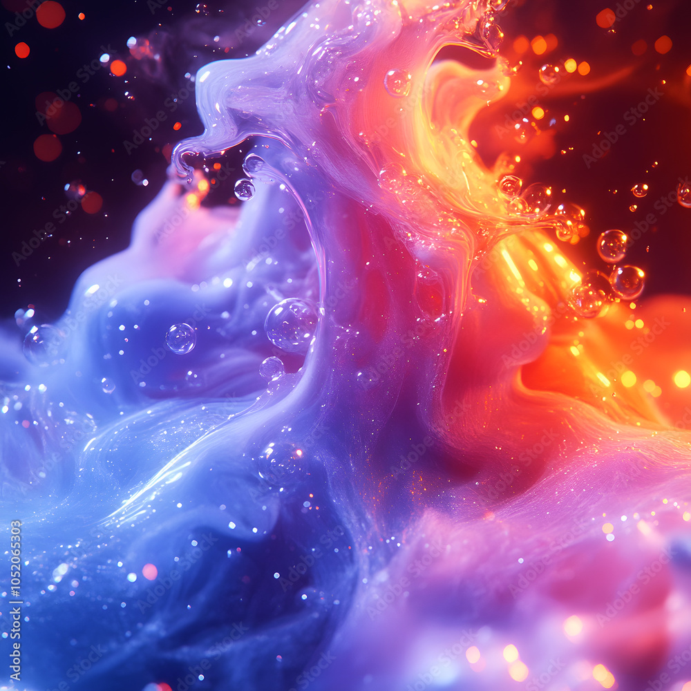 Poster bright abstract illustration with a flow of magical colored liquid floating in weightlessness and br