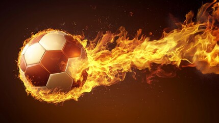 Naklejka premium A soccer ball is engulfed in flames with a trail of fire behind it, set against a dark background.