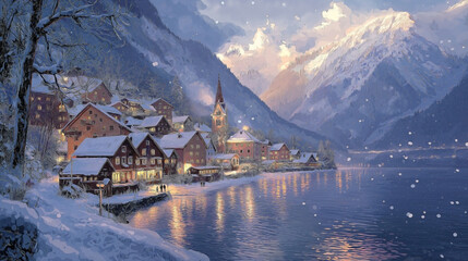 Fototapeta premium Classic winter view Snow-covered mountains surround the picturesque village. Traditional Austrian houses with snow-draped rooftops line the frozen lake, 