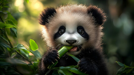 Obraz premium Cute Panda Cub Eating Bamboo - Realistic Image