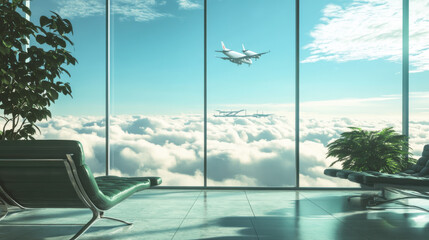 Fototapeta premium Airplane flying above clouds viewed from modern airport lounge with green chairs and large windows in bright daylight