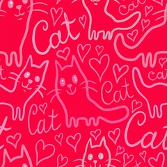 seamless pattern with hearts and cats 