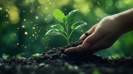 Fototapeta premium Hands Holding a Young Green Plant Growing in Soil Against a Green Background with Falling Particles