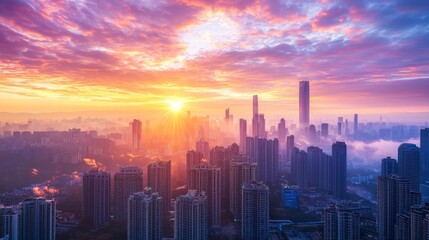 Fototapeta premium Sunrise Over a City Skyline A breathtaking view of a city skyline at dawn, with warm colors lighting up the buildings
