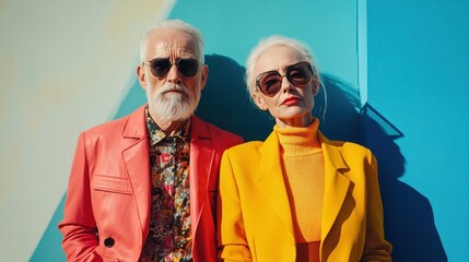 Fashionable hipster fashion grandparents in elegant contemporary styling on vivid background, bright psychedelic colorful colors. An old couple posing as models. Generative AI.