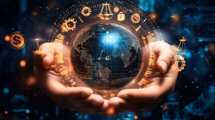 A person holding a glowing globe with maps and financial symbols, representing global economy and digital connections in a modern setting