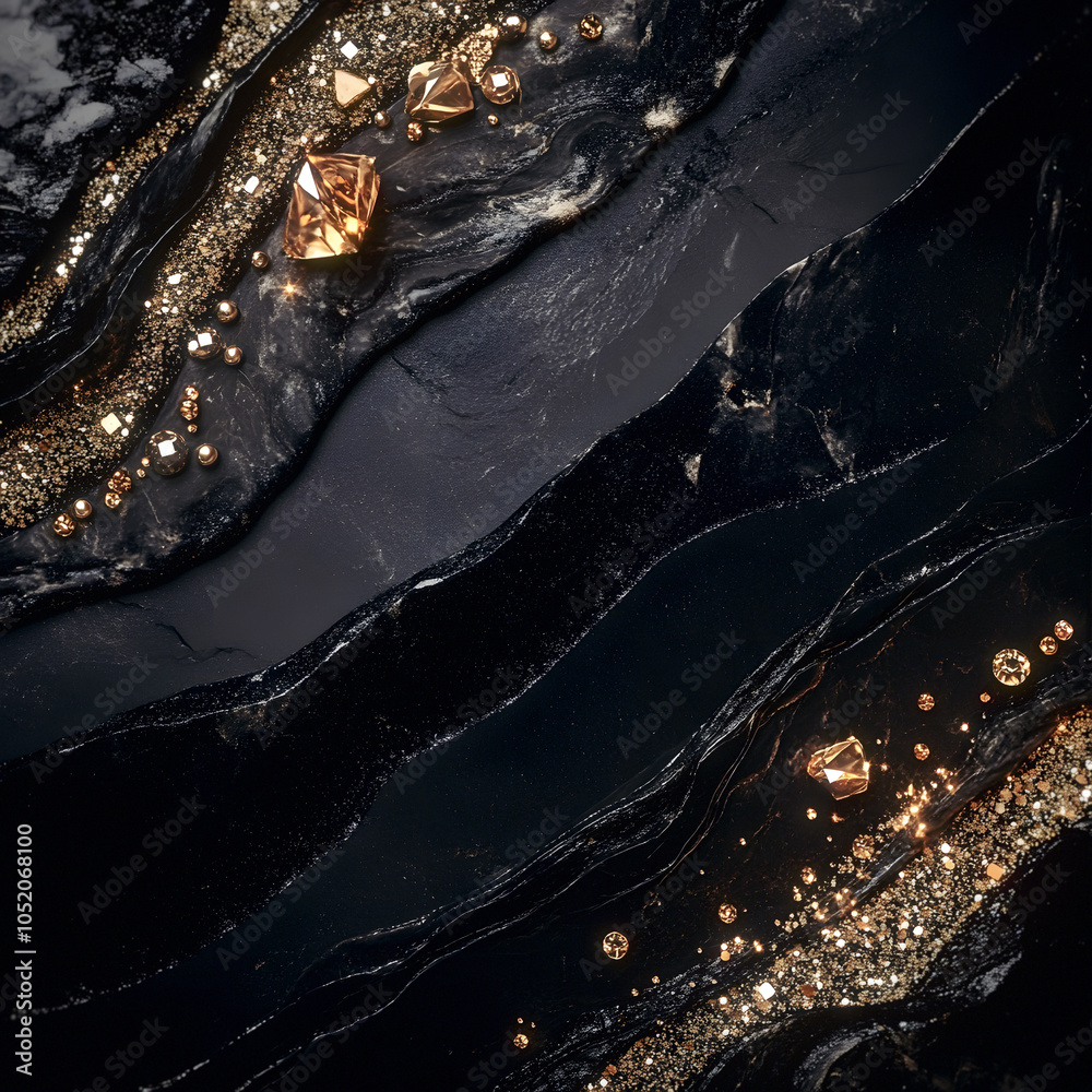 Poster an elegant marble pattern with shimmering gold lines, gemstones and sequins that give the surface a 