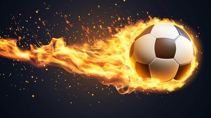 Naklejka premium A soccer ball on fire with a long trail of flames against a dark background.