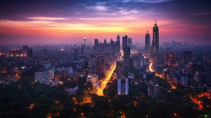 New Delhi Cityscape: Aerial View of Night Skyline and Urban Landscape in Central India