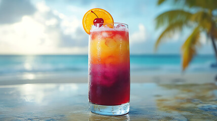 Long glass of layered cocktail with vibrant colors, garnished with a slice of orange and a cherry, against a tropical beach background