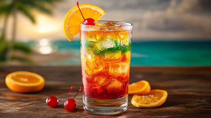 Long glass of layered cocktail with vibrant colors, garnished with a slice of orange and a cherry, against a tropical beach background