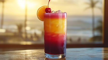 Long glass of layered cocktail with vibrant colors, garnished with a slice of orange and a cherry, against a tropical beach background
