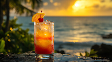 Long glass of layered cocktail with vibrant colors, garnished with a slice of orange and a cherry, against a tropical beach background