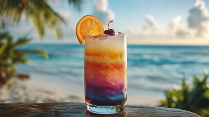 Long glass of layered cocktail with vibrant colors, garnished with a slice of orange and a cherry, against a tropical beach background