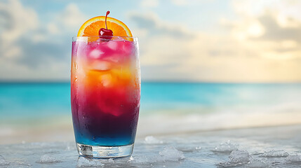 Long glass of layered cocktail with vibrant colors, garnished with a slice of orange and a cherry, against a tropical beach background