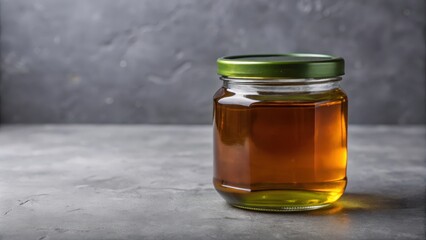 A glass jar filled with a golden liquid,  with a green lid, sits on a light gray surface against a blurred gray background.