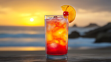 Long glass of layered cocktail with vibrant colors, garnished with a slice of orange and a cherry, against a tropical beach background